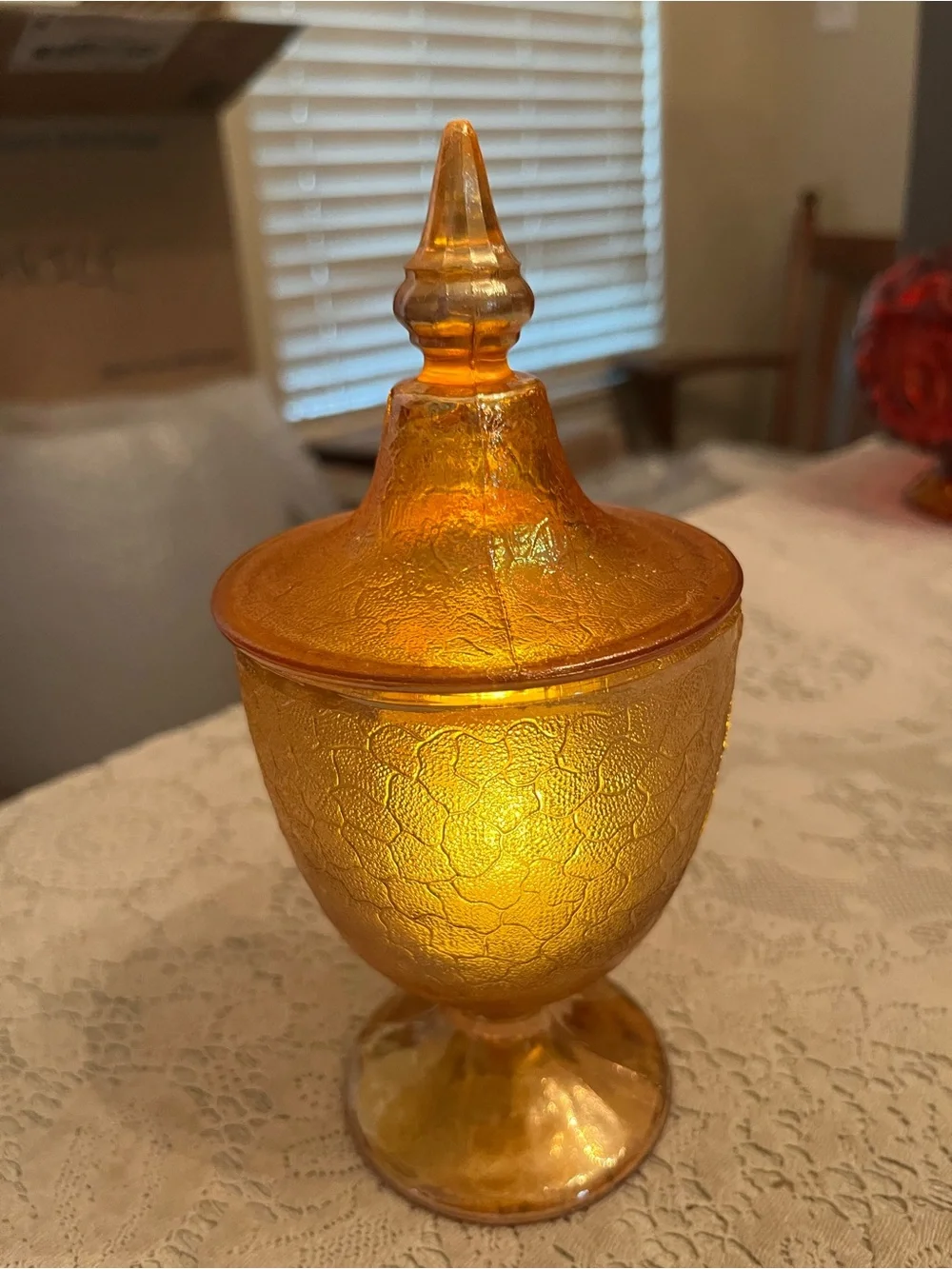 Vintage Marigold Carnival Glass Apothecary Fairy Lamp Pedestal Jar